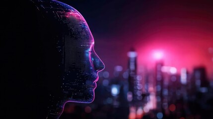 Futuristic digital human silhouette against a vibrant city skyline, merging technology with urban life in a stunning visual.
