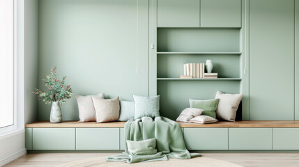 Fototapeta premium Modern interior design featuring green accents, cozy cushions, and a tranquil atmosphere in a stylish room.