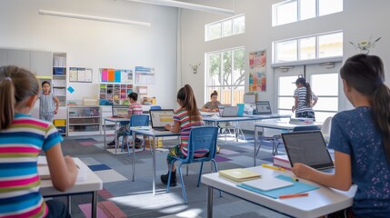 In the modern classroom, students are engaged with laptops in a technologyrich environment, fostering learning and collaboration. The setting is bright and conducive to education