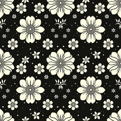 Monochrome Floral Pattern on Black Background With Seamless Design