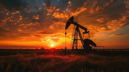 Naklejka premium Pumpjack silhouette at sunset in an oil field, showcasing industrial energy production with dramatic sky and vibrant colors.