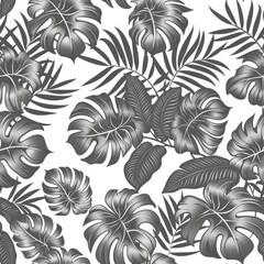 Fototapeta premium Monochrome Tropical Pattern Featuring Lush Foliage in a Seamless Design