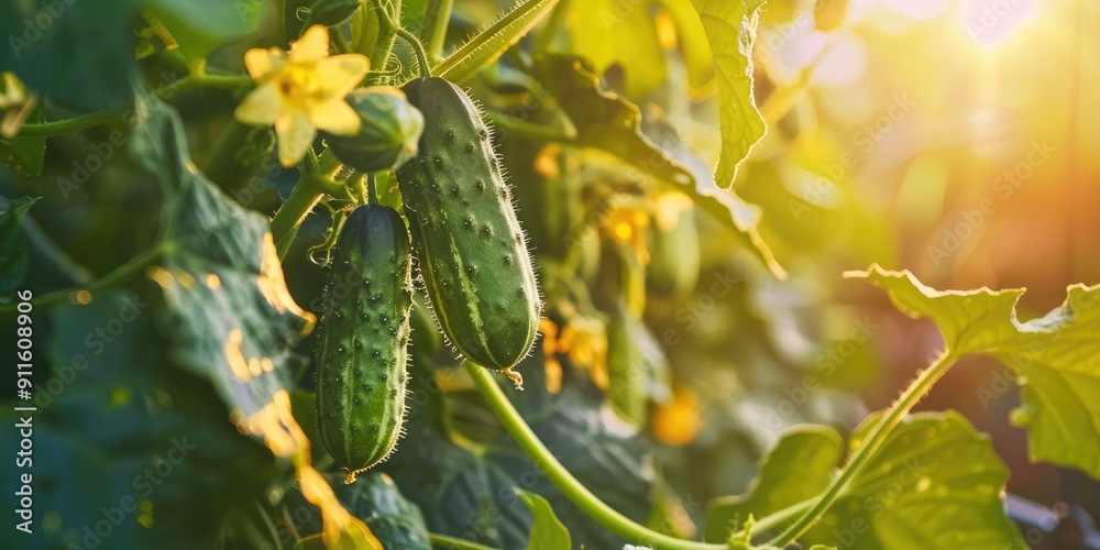 Poster close up of greenhouse cucumbers blooming and growing on a branch with selective focus