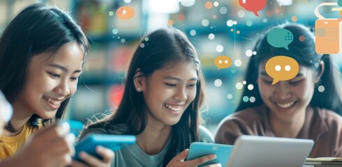 Adolescents enjoying technology smartphones and tablets for happy social media engagement, digital interaction. Teens use gadgets for fun, learning, and connecting with friends in the digital age