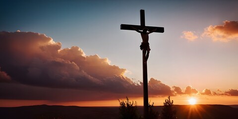 A dramatic sky with a cross silhouetted against the vibrant colors of a sunset, symbolizing faith and hope.