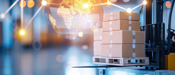 Close-up of a forklift placing a pallet of boxes on a high shelf, with a digital earth map and connected location marks glowing