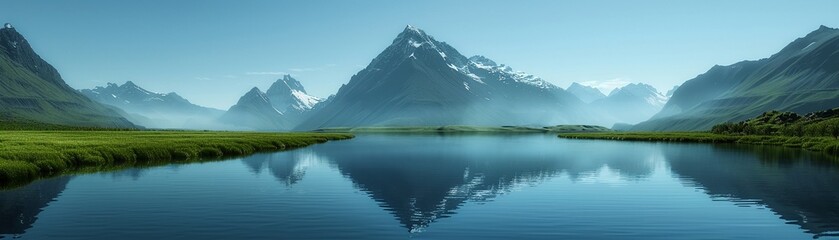 Fototapeta premium Realistic representation of a serene mountain landscape with crystalclear lakes and lush forests, capturing the tranquility and natural beauty in vivid detail for Midjourney