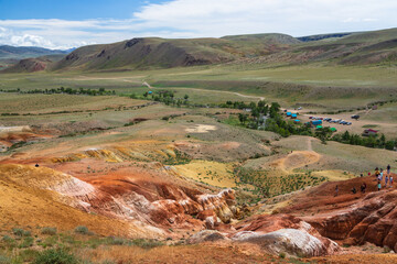 Fantastic mountain natural landscape with bright color transitions and blue clear sky in place named Mars 2, Altai Republic, Russia. Unearthly Martian landscapes