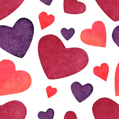 Seamless pattern of hearts of different shapes and colors. Heart ornament. Valentine's Day. Watercolor illustration for background design, packaging, textiles, notepads, ceramics