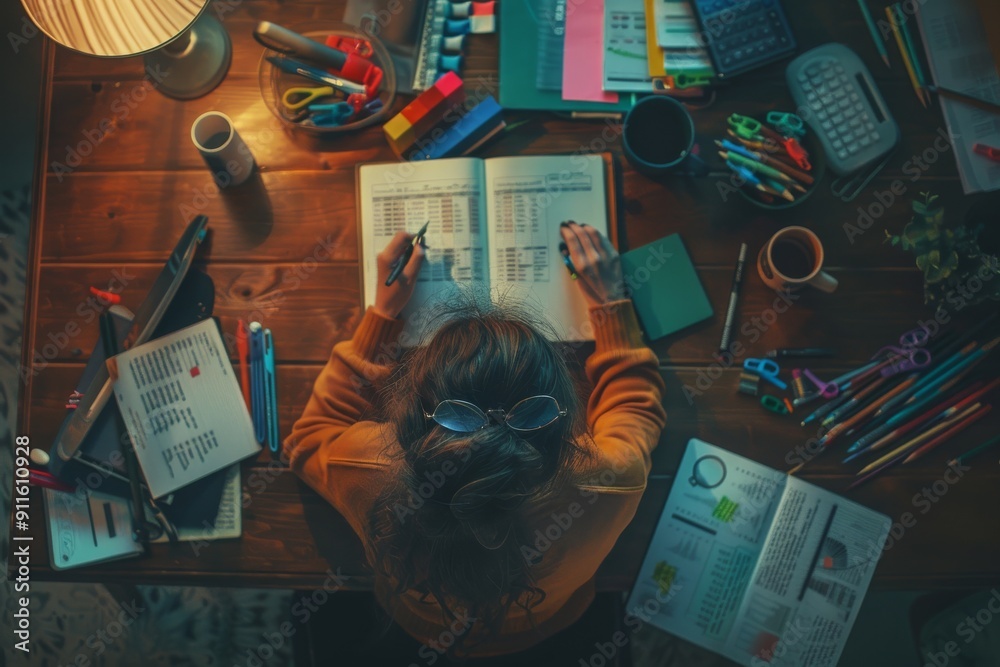 Poster a student is diligently studying late at night, surrounded by books, stationery, and a lamp. the sce