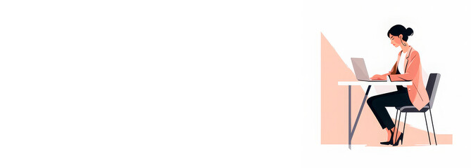 Businesswoman working on a laptop in a modern office setting, representing professional work, freelancing, and HR. Ideal for content related to employment, remote work, career development, and corpora