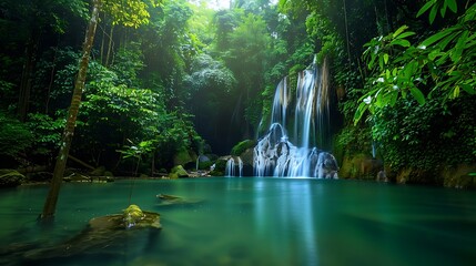 A serene rainforest landscape with a waterfall cascading into a tranquil pool