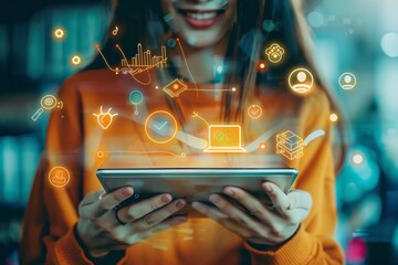 A young woman is engrossed in the digital world, surrounded by virtual and augmented reality symbols while using a tablet, reflecting modern technology innovation and connectivity in todays era