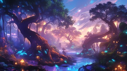Fototapeta premium Fantasy forest with vibrant glowing plants and a flowing river under a mystical sky