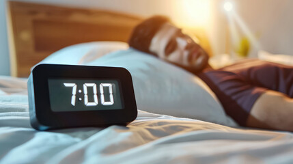 Digital alarm clock in bedroom early morning showing wake up time, young man sleeping in bed. Morning wake up concept