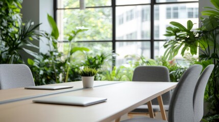 Fototapeta premium Conference room in a sustainable office with big windows, natural light, and views of lush urban greenery