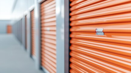 Contemporary storage units with bright orange metal doors, industrial design, self-storage and rental units concept