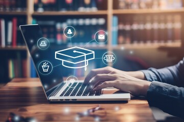 A person is seen typing on a laptop amidst online education icons in a library background, symbolizing digital learning, virtual classroom, and academic success in the realm of digital education