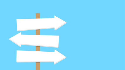 Three blank white arrows on a wooden signpost pointing in different directions, set against a bright blue background. Choice of path, several directions..