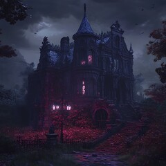 Obraz premium Eerie 3D Illustration of a Gothic Haunted Mansion with Dark Atmosphere and Detailed Installations.