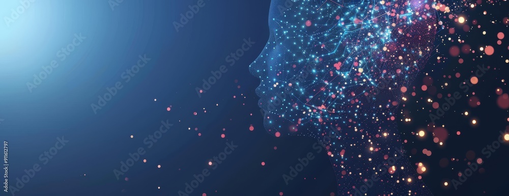 Poster digital human face illustration with futuristic particles on dark blue background symbolizes advance