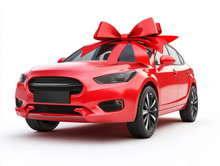 Naklejka premium New car with a bow on a white background. Concept of buying or gifting a car