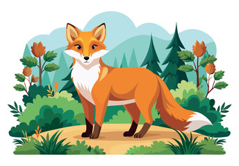 Naklejka premium A red fox standing in a green forest. Vector illustration