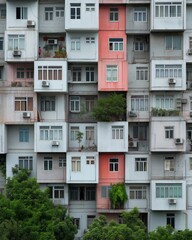 Fototapeta premium Close-up view of a high-rise apartment building with diverse balcony designs and greenery, highlighting urban living and architectural variety.