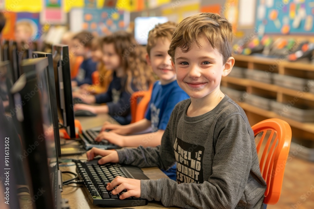 Poster In a modern classroom, children enthusiastically acquire digital skills using computers. Education emphasizes teamwork, interactive learning, and digital literacy for techsavvy learners