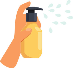 Hand is holding and pumping a yellow bottle with liquid spraying out