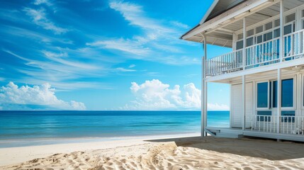 Fototapeta premium A tranquil beach house hugs the shore under a clear blue sky