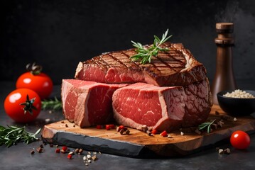 Raw beef heart meat on stone board with thyme and peppers, cattle giblets
