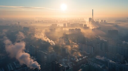 Naklejka premium A striking aerial shot of a sprawling, smoke-filled urban area with visible soot deposits on buildings, contrasted by a clear blue sky in the background, 