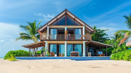 A stunning villa rests on sandy shores beneath a clear blue sky