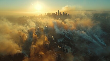 Fototapeta premium A striking aerial shot of a sprawling, smoke-filled urban area with visible soot deposits on buildings, contrasted by a clear blue sky in the background, 