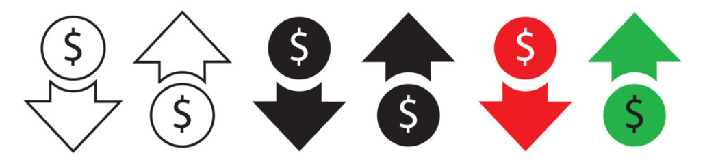 Cost rising icon. Money increase icon with arrow up symbol, dollar decrease icon . profit and lose money vector icons.