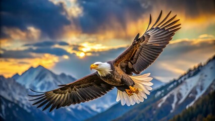 Obraz premium Bald Eagle Soaring Above Majestic Mountains, Digital Painting, Bird of Prey, Majestic, Flight, Wilderness , eagle