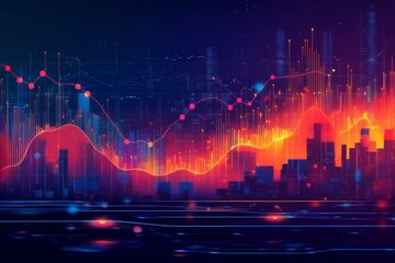 A vibrant digital representation of financial data analysis, showcasing colorful graphs and cityscape elements, symbolizing trends and market dynamics in a modern environment