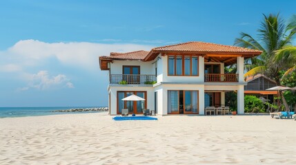 A beautiful villa enjoys the coastal breeze on a sunny, peaceful beach