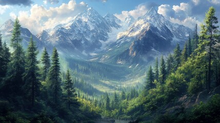 Obraz premium A breathtaking landscape featuring majestic mountains, lush forests, and a serene valley, illuminated by soft sunlight and dramatic clouds