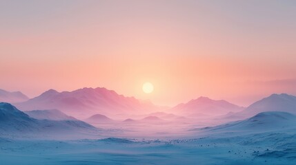 A serene winter landscape at sunset, featuring soft pastel colors, gentle mountain silhouettes, and a tranquil ambiance, creating a peaceful and dreamy atmosphere