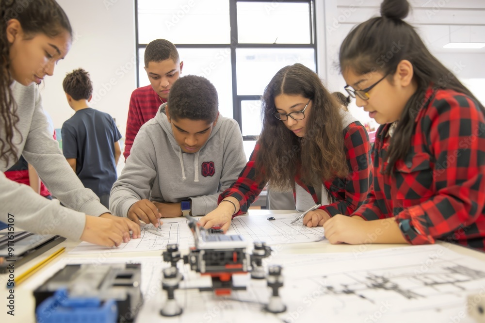 Aufkleber High school students work together on a robotics engineering project, constructing and programming a robot. This handson experience nurtures collaboration, innovation, and STEM skills