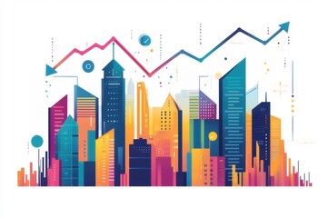 A vibrant, colorful skyline showcasing modern skyscrapers against a backdrop of rising graphs, symbolizing growth, prosperity, and urban development
