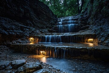 A tranquil waterfall cascades down rocky steps at dusk, surrounded by lush greenery, illuminated by soft lights, creating a serene and peaceful atmosphere