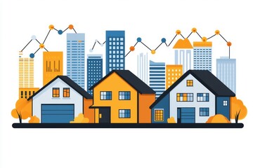 A vibrant illustration of houses in front of a city skyline with a graph overlay, symbolizing growth and urban development