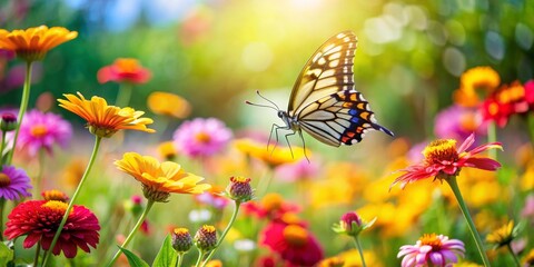 Fototapeta premium Butterfly Soaring Through a Field of Flowers, butterfly, flowers, nature, summer