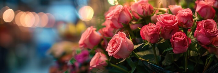 Bouquet of pink roses at florist flower shop with vibrant flowers on blurred floral background