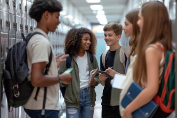 A diverse group of high school students socializing in a hallway, chatting, and smiling. The scene reflects friendship, camaraderie, inclusivity, and engagement in a multicultural academic setting