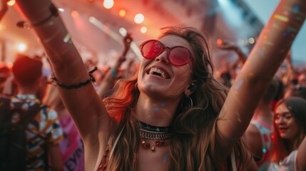 Obraz premium Diverse group of friends enjoying a music festival, with. the energy and vitality of live concert fun, millennials, generation z, Generative AI
