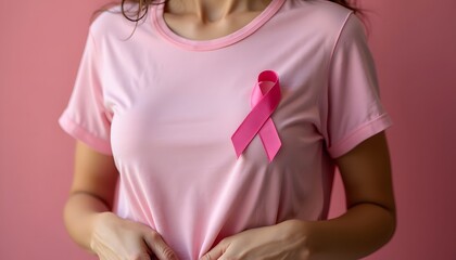 Woman with pink ribbon on color background. Breast cancer awareness concept